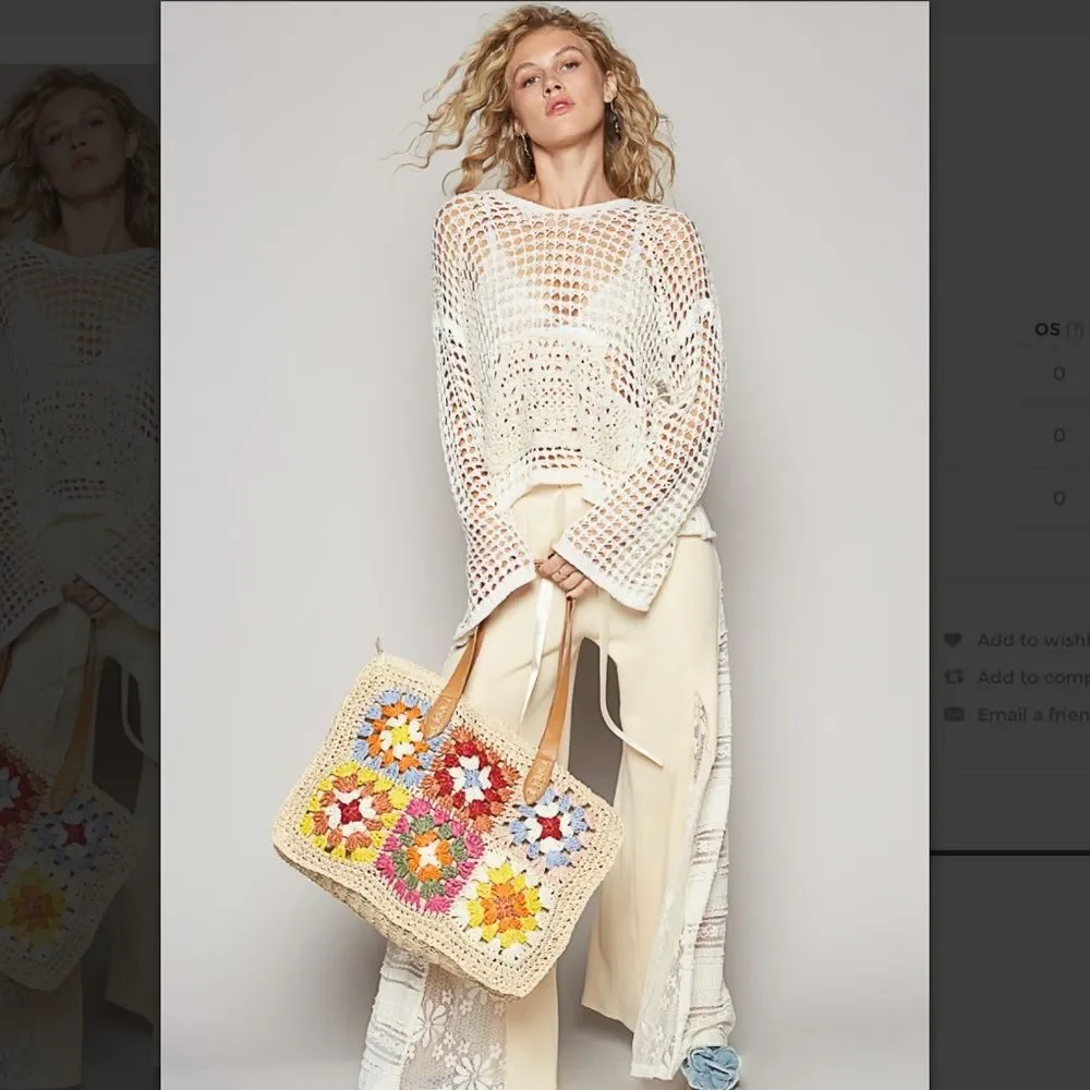 POL bag POL tote Multicolor Crochet Patchwork Straw Tote with Tan Handles NEW